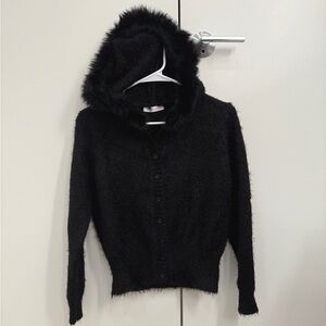 Black Fuzzy Hooded Cardigan